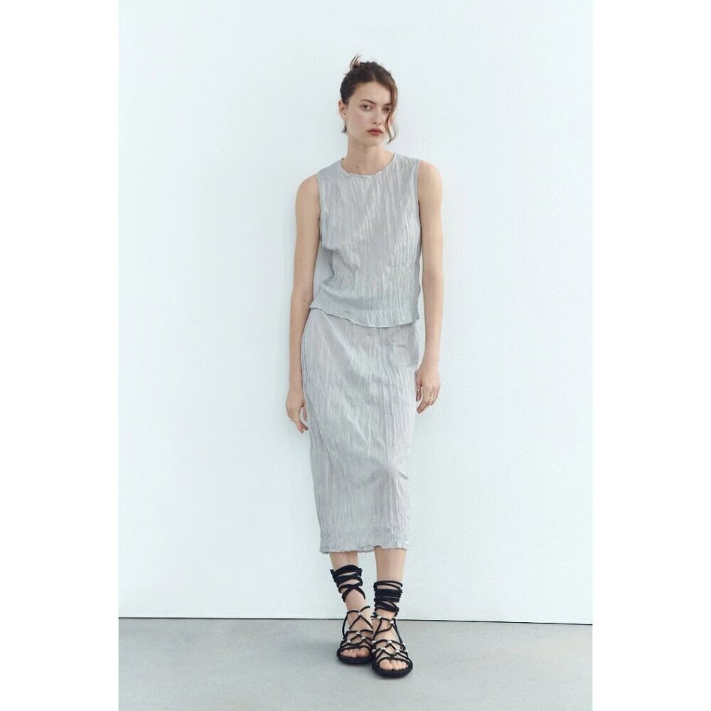 NWT Zara metallic fibre silver wrinkle effect crinkle high waist midi skirt, S